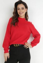 Czerwony Sweter Dzianinowy z Długim Rękawem i Guzikami Omes. Czerwone swetry nierozpinane damskie Born2be, bez wzorów, z dzianiny, bez kołnierzyka, bez ramiączek. Za 129.99 zł.