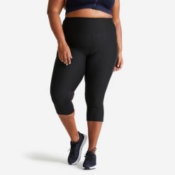 Legginsy fitness damskie Domyos 7/8. Czarne legginsy sportowe damskie DOMYOS, l, bez wzorów, z materiału, z podwyższonym stanem, długie, na fitness i siłownię. Za 79.99 zł.