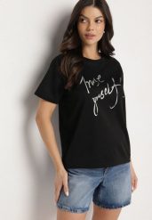 Czarny T-shirt z Ozdobnym Nadrukiem z Brokatem Tenesia. Czarne t-shirty damskie Born2be, l, bez wzorów, z jeansu, eleganckie, bez kołnierzyka, bez ramiączek. Za 29.99 zł.