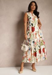 Beżowa Rozkloszowana Sukienka z Bawełny w Kwiatowy Wzór Ilanis. Brązowe sukienki damskie Renee, na co dzień, m, bez wzorów, z bawełny, eleganckie, bez kołnierzyka, bez ramiączek, maxi, rozkloszowane. Za 119.99 zł.