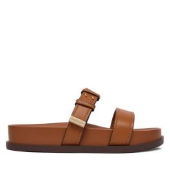 Klapki Armani Exchange. Brązowe klapki damskie Armani Exchange, bez wzorów, bez obcasa, bez zapięcia. Za 609.99 zł.