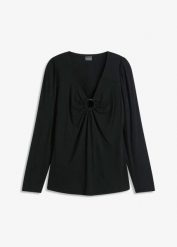 Bluzka z długim rękawem i ozdobnym dodatkiem. Czarne bluzki damskie bonprix, bez wzorów, eleganckie, bez kołnierzyka, bez ramiączek. Za 64.99 zł.