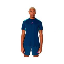 Koszulka Asics. Niebieskie bluzki damskie Asics, bez wzorów, eleganckie, bez kołnierzyka, bez ramiączek. Za 189.50 zł.