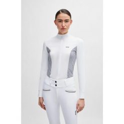 Koszula do jazdy konnej dla kobiet Boss Equestrian Emma. Białe koszule damskie Boss, bez wzorów, eleganckie, bez kołnierzyka, bez ramiączek. Za 575.50 zł.