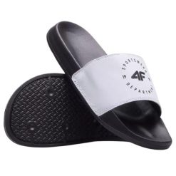 Klapki damskie na basen 4F 4FWSS26FSLIF096. Białe klapki damskie 4F, na lato, bez wzorów, sportowe, bez obcasa, bez zapięcia. Za 69.99 zł.
