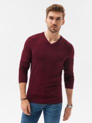 Sweter męski z haftem - bordowy V13. Czerwone swetry męskie Ombre Clothing, m, bez wzorów, z wiskozy, eleganckie, bez kołnierzyka, bez ramiączek. W wyprzedaży za 39.99 zł.