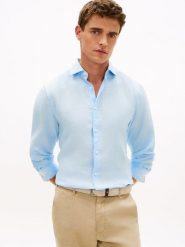Tommy Hilfiger Tailored koszula lniana Mężczyźni Slim Fit len niebieski, XL. Niebieskie koszule męskie Tommy Hilfiger Tailored, m, bez wzorów, ze lnu, klasyczne, bez kołnierzyka, bez ramiączek. Za 399.95 zł.