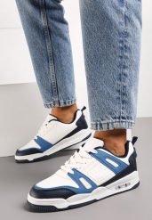 Biało-Granatowe Sneakersy Sportowe ze Wstawkami z Ekoskóry Isadona. Białe obuwie sportowe damskie Born2be, bez wzorów, bez zapięcia. Za 84.99 zł.
