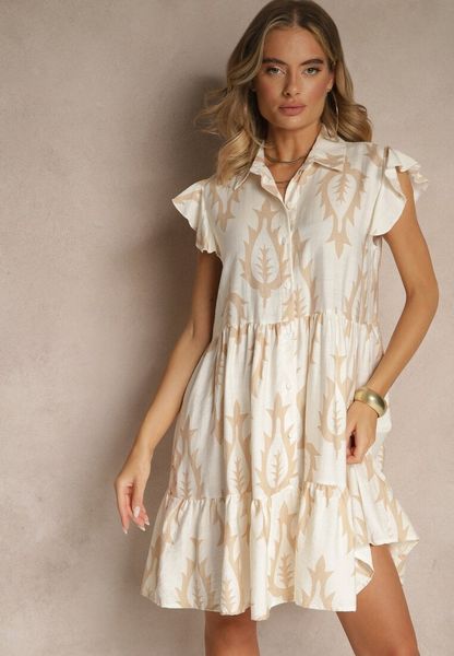 Beżowa Koszulowa Sukienka z Lnem i Wiskozą o Rozkloszowanym Kroju Aranese. Brązowe sukienki damskie Renee, na co dzień, na lato, l, bez wzorów, z wiskozy, klasyczne, bez kołnierzyka, bez ramiączek, mini, koszulowe. Za 64.99 zł.