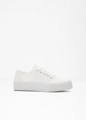 Sneakersy na podeszwie platformie. Białe obuwie sportowe damskie bonprix, bez wzorów, bez zapięcia. Za 124.99 zł.