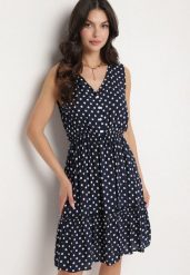 Granatowa Sukienka z Wiskozą i Bawełną w Kropki Lilivena. Niebieskie sukienki damskie Born2be, na co dzień, m, bez wzorów, z bawełny, eleganckie, bez kołnierzyka, bez ramiączek, mini. Za 39.99 zł.