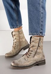 Ciemnobeżowe Botki Workery Zdobione Suwakiem i Wężowym Tłoczeniem Vemindra. Brązowe botki damskie Born2be, z aplikacjami, z jeansu, klasyczne, bez obcasa, na płaskiej podeszwie, bez zapięcia. Za 99.99 zł.