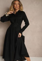 Czarna Rozkloszowana Sukienka z Wiskozy z Guzikami i Paskiem Ronesa. Czarne sukienki damskie Renee, na co dzień, l, bez wzorów, z wiskozy, eleganckie, bez kołnierzyka, bez ramiączek, maxi, proste. Za 129.99 zł.
