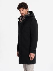 Długi monochromatyczny męski płaszcz z kapturem – czarny V3 - Rozmiar: L. Czarne płaszcze męskie Ombre Clothing, l, bez wzorów, z materiału, eleganckie, bez kołnierzyka, z kapturem. W wyprzedaży za 412.49 zł.