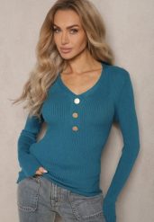 Niebieski Prążkowany Sweter z Bawełną i Guzikami Mirisia. Niebieskie swetry nierozpinane damskie Renee, bez wzorów, z bawełny, biznesowe, bez kołnierzyka, bez ramiączek. Za 39.99 zł.