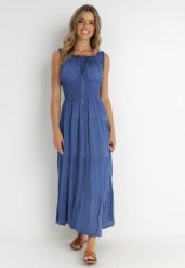 Niebieska Sukienka Abill. Niebieskie sukienki damskie Born2be, na lato, l, bez wzorów, boho, bez kołnierzyka, bez ramiączek, maxi. Za 89.99 zł.
