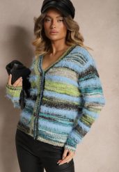 Niebieski Rozpinany Kardigan z Wiskozą i Wełną w Paski Esamara. Niebieskie kardigany damskie Renee, bez wzorów, z jeansu, eleganckie, bez kołnierzyka. Za 59.99 zł.