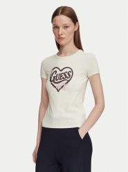 Guess T-Shirt V6YI09 K4276 Beżowy jasny Slim Fit. Brązowe t-shirty damskie Guess, l, z aplikacjami, z bawełny, bez kołnierzyka, bez ramiączek. Za 154.99 zł.