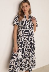Granatowa Pudełkowa Sukienka z Wiskozy w Geometryczny Wzór Perante. Niebieskie sukienki damskie Born2be, na co dzień, l, bez wzorów, z wiskozy, eleganckie, bez kołnierzyka, bez ramiączek, midi, proste. Za 99.99 zł.