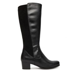 Kozaki Caprice. Czarne kozaki damskie Caprice, bez wzorów, bez obcasa, na słupku, bez zapięcia. Za 629.99 zł.