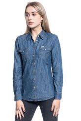 KOSZULA DAMSKA WRANGLER LS DENIM SHIRT DARK INDIGO W5Z12AX1E. Niebieskie koszule damskie Wrangler, xs, bez wzorów, z denimu, bez kołnierzyka, bez ramiączek. Za 159.99 zł.