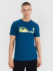 4F T-shirt regular z nadrukiem męski - turkusowy L. Niebieskie t-shirty męskie 4F, l, bez wzorów, z bawełny, bez kołnierzyka, bez ramiączek. Za 59.99 zł.