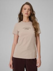4F T-shirt slim z nadrukiem damski - beżowy XXL. Brązowe t-shirty damskie 4F, l, bez wzorów, z jeansu, bez kołnierzyka, bez ramiączek. Za 49.99 zł.