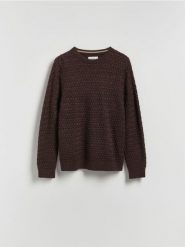 Strukturalny sweter z wełną - ciemnobrązowy. Brązowe swetry męskie Reserved, l, bez wzorów, z dzianiny, bez kołnierzyka, bez ramiączek. Za 159.99 zł.