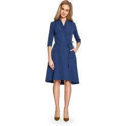 Sukienka na zakładkę s099. Niebieskie sukienki damskie Style, do pracy, s, bez wzorów, biznesowe, z asymetrycznym kołnierzem, bez ramiączek, asymetryczne. W wyprzedaży za 109.00 zł.