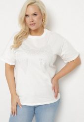 Biały T-shirt ze Wzorem z Cyrkonii Olisellea. Białe t-shirty damskie Born2be, xl, bez wzorów, z bawełny, bez kołnierzyka, bez ramiączek. Za 44.99 zł.