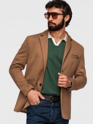 Dzianinowa męska marynarka o dopasowany kroju SLIM FIT - jasnobrązowa V4 - Rozmiar: XXL. Brązowe garnitury męskie Ombre Clothing, m, bez wzorów, z bawełny, biznesowe. Za 379.99 zł.