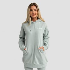 Bluza damska fitness z kapturem długa eukaliptowa Limitless Longline. Zielone bluzy damskie GYMBEAM, l, bez wzorów, z bawełny, bez ramiączek, z kapturem. Za 127.90 zł.
