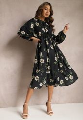 Czarno-Beżowa Midi Sukienka w Kwiaty o Rozkloszowanym Kroju z Rękawami Nietoperz Jervia. Czarne sukienki damskie Renee, l, bez wzorów, eleganckie, bez kołnierzyka, bez ramiączek, midi, rozkloszowane. Za 49.99 zł.