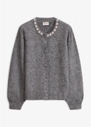 Sweter rozpinany z rękawami bufkami. Szare kardigany damskie bonprix, z aplikacjami, bez kołnierzyka. Za 149.99 zł.
