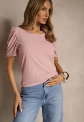 Różowy T-shirt z Prążkowanej Tkaniny z Zakładkami przy Rękawach Kolaniella. Czerwone t-shirty damskie Renee, l, bez wzorów, z jeansu, eleganckie, bez kołnierzyka, bez ramiączek. Za 34.99 zł.