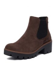Rieker Botki CEO-79265-25 Brązowy ciemny. Brązowe botki damskie Rieker, bez wzorów, ze skóry, bez obcasa, na słupku, bez zapięcia. Za 399.99 zł.