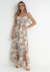 Beżowa Sukienka Widforss. Brązowe sukienki damskie Born2be, na wesele, l, z aplikacjami, eleganckie, bez kołnierzyka, bez ramiączek, maxi. Za 109.99 zł.