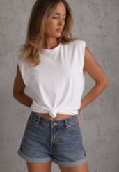 Biały Wiązany Top Oversize z Bawełny Bez Rękawów z Poduszkami w Ramionach Othrassa. Białe topy damskie Renee, bez wzorów, z bawełny, bez kołnierzyka, bez ramiączek. Za 69.99 zł.