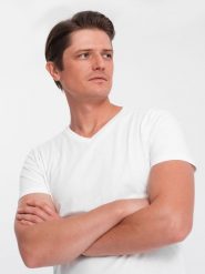 Klasyczna męska bawełniana koszulka z dekoltem w serek BASIC - biała V4. Białe t-shirty męskie Ombre Clothing, m, bez wzorów, z bawełny, bez kołnierzyka, bez ramiączek. W wyprzedaży za 24.99 zł.