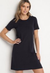 Granatowa Bawełniana Sukienka o Kroju Typu T-shirt Nilisea. Niebieskie sukienki damskie Born2be, l, bez wzorów, z bawełny, bez kołnierzyka, bez ramiączek, mini. Za 34.99 zł.