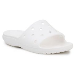 Klapki Crocs Classic Slide 206121-100 białe. Białe klapki damskie bez wzorów, z materiału, sportowe, bez obcasa, bez zapięcia. Za 239.37 zł.