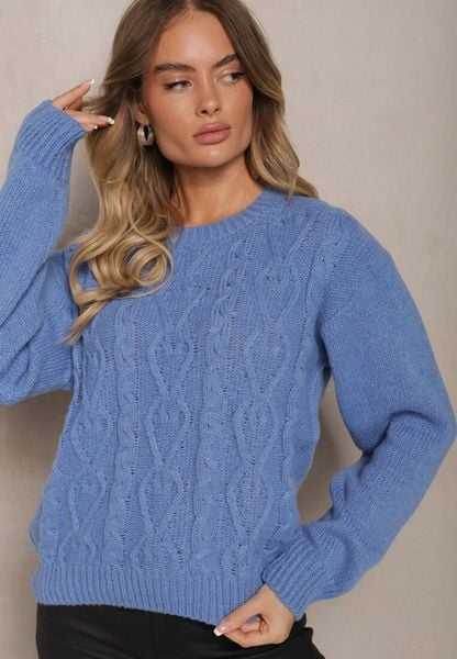 Niebieski Sweter z Wełną Ozdobnym Splotem i Ściągaczem Nariae. Niebieskie swetry nierozpinane damskie Renee, uniwersalny, bez wzorów, z jeansu, casualowe, bez kołnierzyka, bez ramiączek. Za 54.99 zł.