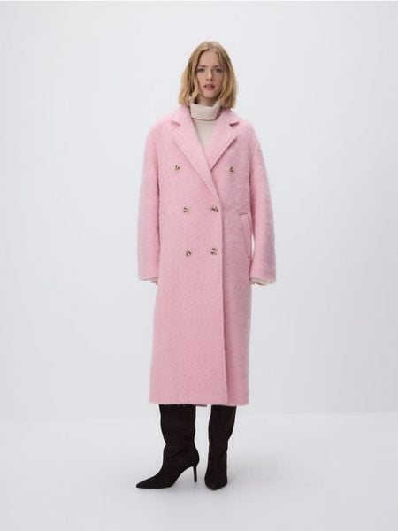 Płaszcz oversize z wełną - różowy. Czerwone płaszcze damskie Reserved, l, bez wzorów, z tkaniny, bez kołnierzyka, bez kaptura. Za 499.99 zł.