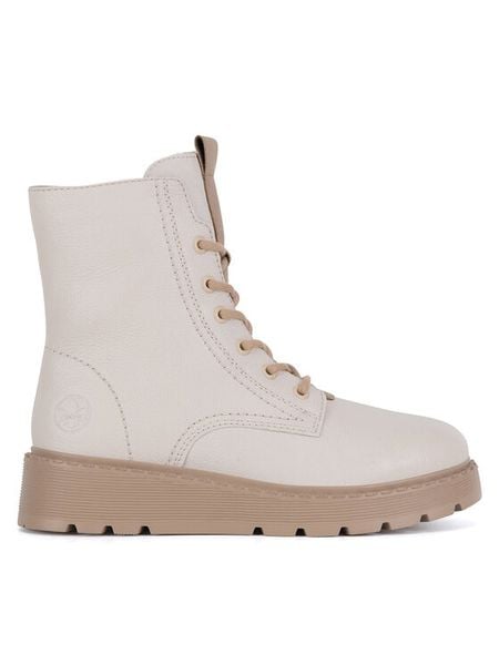 Rieker Trzewiki 70404-80 Biały. Białe botki damskie Rieker, bez wzorów, ze skóry, bez obcasa, na płaskiej podeszwie, bez zapięcia. Za 429.99 zł.