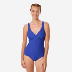 Strój jednoczęściowy pływacki damski Nabaiji Rosy gofrowany. Czarne stroje kąpielowe damskie Decathlon, l, bez wzorów, z elastanu. Za 129.99 zł.