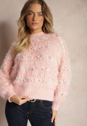 Różowy Sweter z Dodatkiem Bawełny Ozdobiony Kolorową Nicią Raiqua. Czerwone swetry nierozpinane damskie Renee, l, bez wzorów, z bawełny, casualowe, bez kołnierzyka, bez ramiączek. Za 84.99 zł.