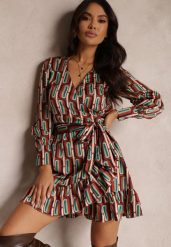 Brązowa Sukienka Kopertowa w Geometryczny Wzór Rangi. Brązowe sukienki damskie Renee, na imprezę, l, bez wzorów, eleganckie, bez kołnierzyka, bez ramiączek, mini, kopertowe. Za 149.99 zł.