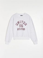 Dresowa bluza crewneck z napisem - szary. Szare bluzy damskie Sinsay, l, bez wzorów, z dresówki, bez ramiączek, bez kaptura. Za 35.99 zł.