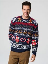 Sweter z motywem świątecznym - granatowy. Niebieskie swetry męskie Sinsay, l, bez wzorów, wizytowe, bez kołnierzyka, bez ramiączek. Za 79.99 zł.