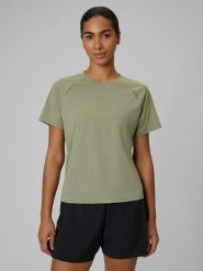 4F Koszulka do biegania szybkoschnąca damska - khaki L. Brązowe bluzki damskie 4F, l, bez wzorów, bez kołnierzyka, bez ramiączek. Za 129.99 zł.